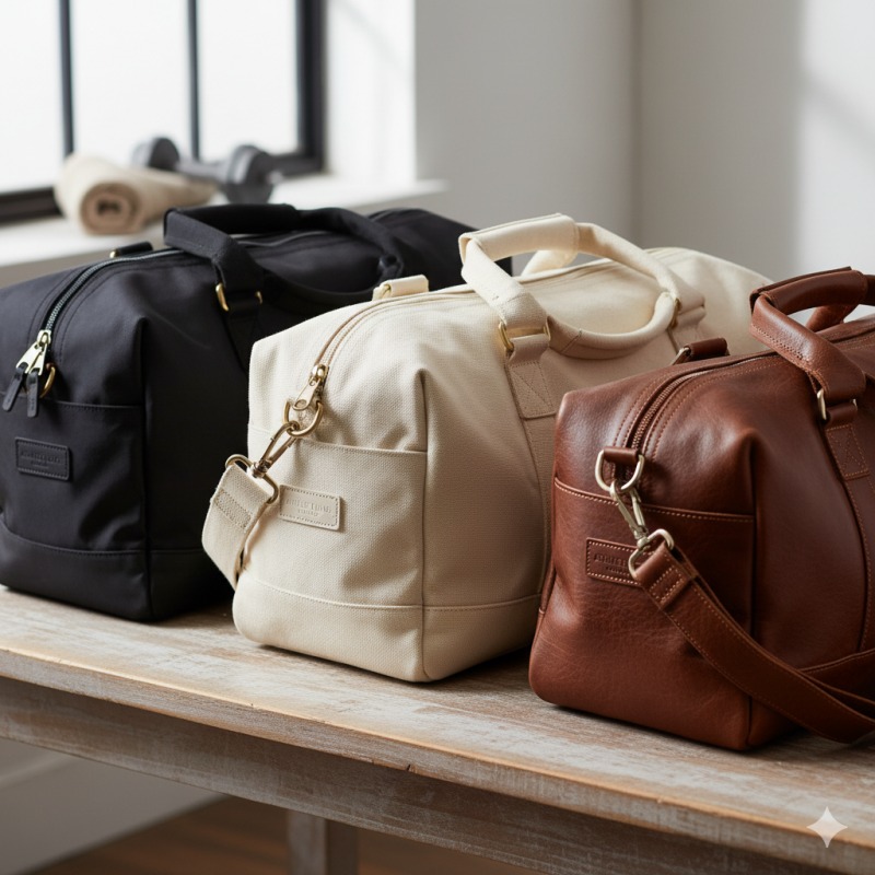 High-quality gym bag materials comparison showing nylon, canvas, and leather options