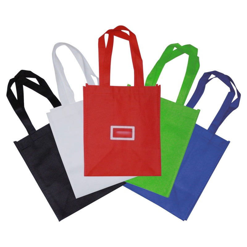 Four custom promotional bags in black, red, navy, and gray displayed against a neutral background.