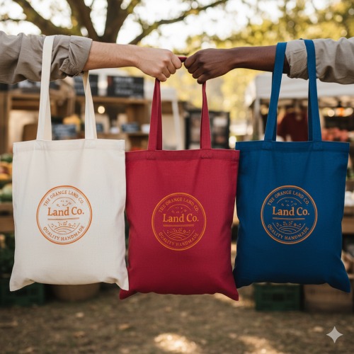 Three hands each holding a tote bag in white, red, and blue with 'The Orange Land Co. Quality Handmade' logo printed on them.