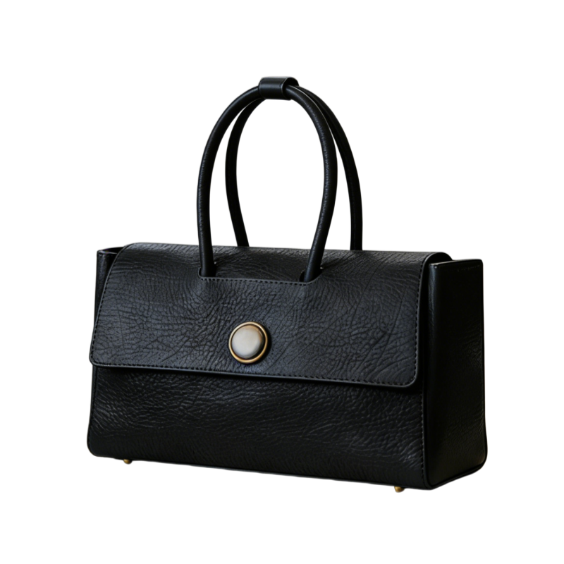 Black Top Handle Handbag with Vintage Round Clasp