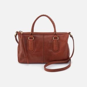 Structured satchel bag with firm PU or genuine leather construction, metal logo plate on front panel, MOQ 500+ pcs