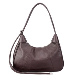 Crescent hobo bag with curved seams and soft drapable material, woven label logo placement, requires skilled sewing labor