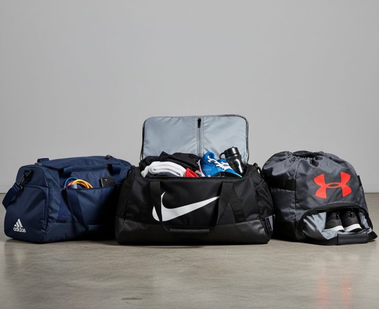 Side-by-side comparison of Nike, Adidas, and Under Armour gym duffel bags for workout and travel