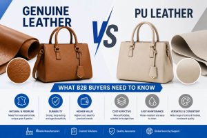 Side by side comparison of genuine leather and PU leather handbags showing texture and finish differences for B2B sourcing