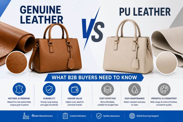 Side by side comparison of genuine leather and PU leather handbags showing texture and finish differences for B2B sourcing