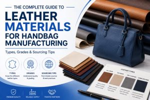 Different types of leather swatches including full grain, top grain, and genuine leather used in handbag OEM production