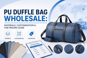 Collection of PU duffle bags in different colors showing material texture and wholesale packaging