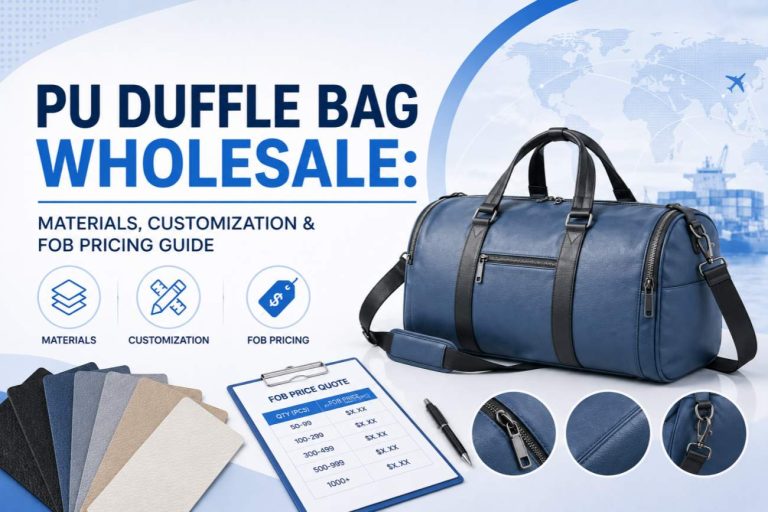Collection of PU duffle bags in different colors showing material texture and wholesale packaging