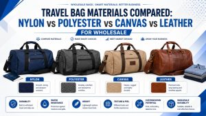 Four travel bags in nylon, polyester, canvas, and leather showing material differences for wholesale buyers