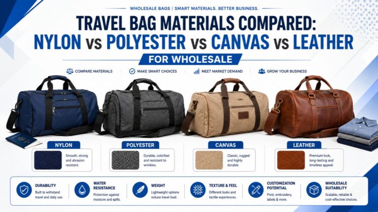 Four travel bags in nylon, polyester, canvas, and leather showing material differences for wholesale buyers