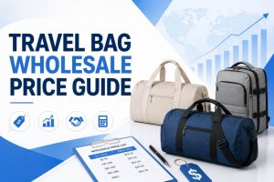 Travel bag wholesale price guide showing FOB cost comparison by material size and customization level