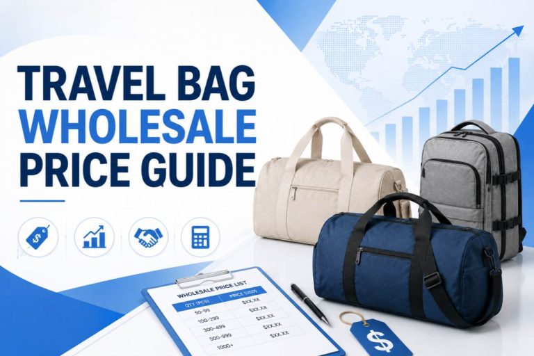Travel bag wholesale price guide showing FOB cost comparison by material size and customization level