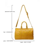 Side view of diamond quilted PU leather duffel bag showing zipper closure and bag depth for weekend travel use