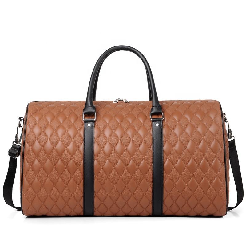Custom leather travel duffel bag front view — large capacity weekender with top zipper and dual carry handles for brand OEM production