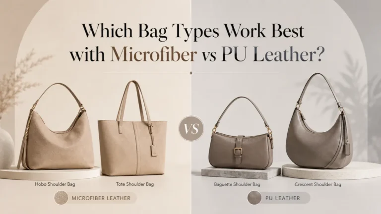Side-by-side comparison of microfiber leather and PU leather applied to different bag types — shoulder bag, backpack, crossbody, and clutch