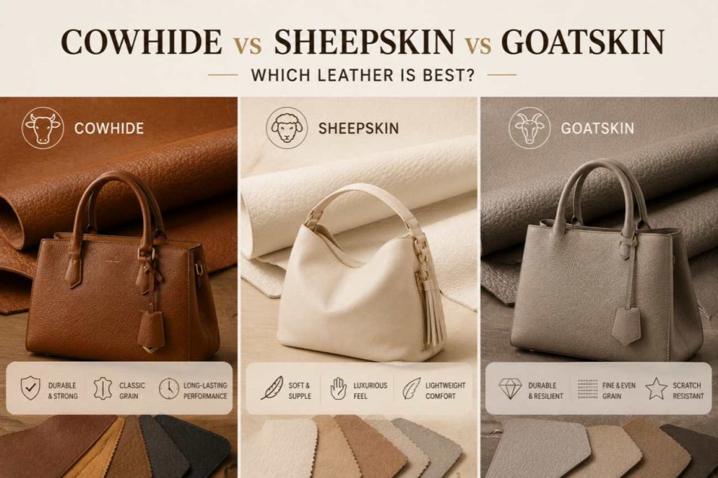 Side-by-side comparison of cowhide, sheepskin, and goatskin leather textures for handbag manufacturing