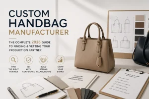 Custom handbag manufacturer guide showing factory production line and sample handbags