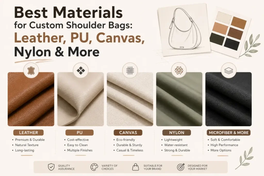 Six material samples for custom shoulder bags — full-grain leather, PU, microfiber, canvas, nylon, and RPET — arranged side by side for B2B buyers