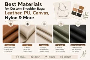Six material samples for custom shoulder bags — full-grain leather, PU, microfiber, canvas, nylon, and RPET — arranged side by side for B2B buyers
