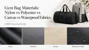 our gym bag material samples — nylon, polyester, canvas, and waterproof fabric — arranged for B2B buyers comparing custom options.