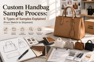 Five stages of custom handbag samples arranged in order from sketch to finished production sample