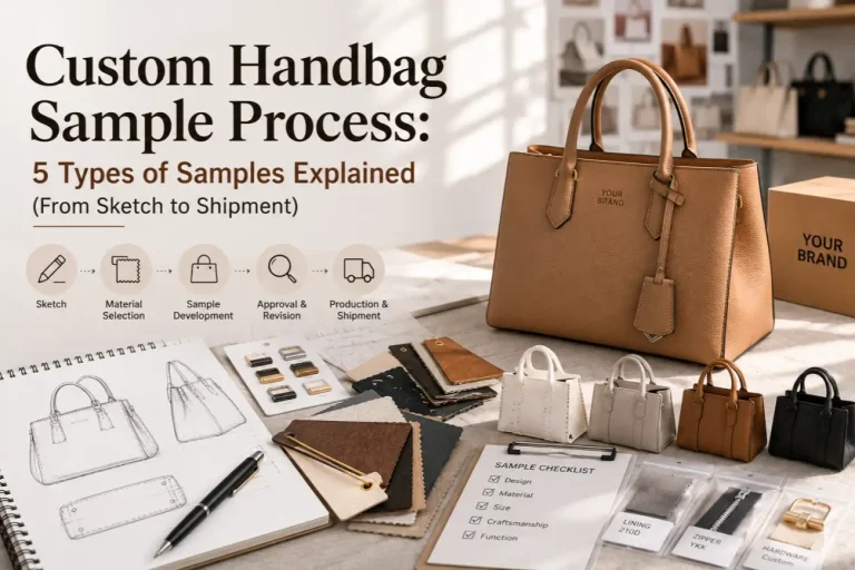 Five stages of custom handbag samples arranged in order from sketch to finished production sample