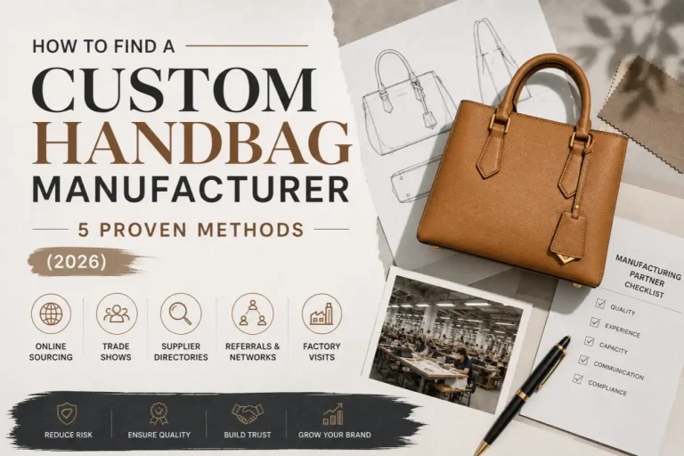 Business professional searching for custom handbag manufacturers on laptop showing factory listings