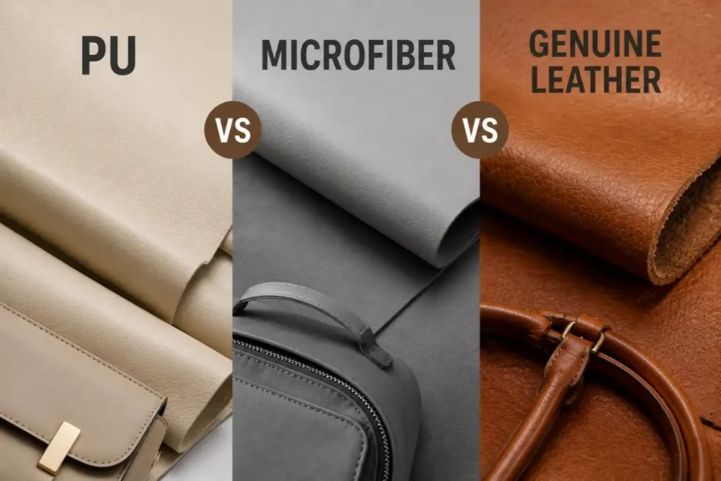 Side-by-side comparison of PU leather, microfiber leather, and genuine leather samples for custom bag manufacturing
