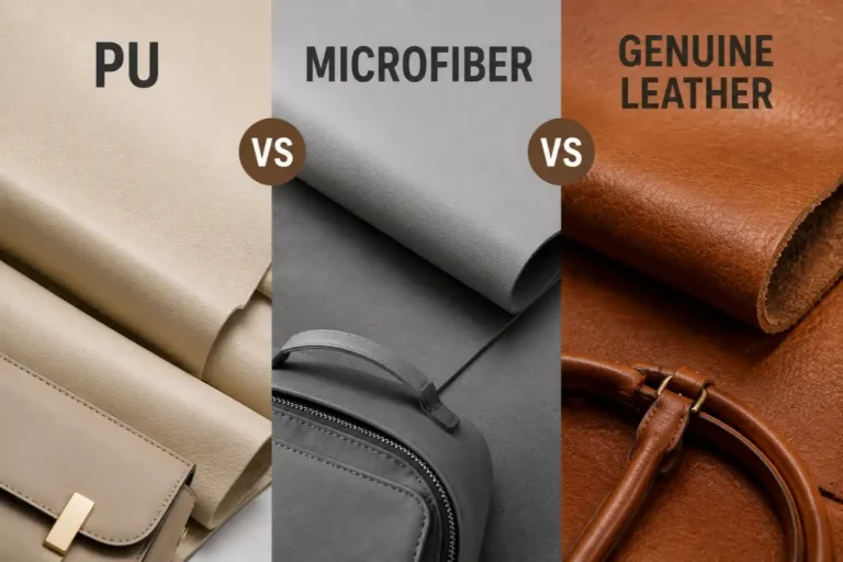 Side-by-side comparison of PU leather, microfiber leather, and genuine leather samples for custom bag manufacturing