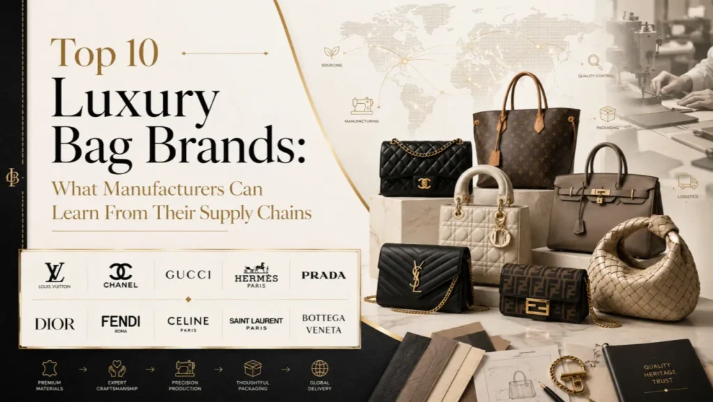Ten luxury handbags arranged by brand showing different design philosophies and craftsmanship styles