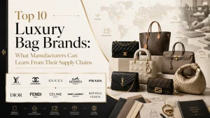 Ten luxury handbags arranged by brand showing different design philosophies and craftsmanship styles