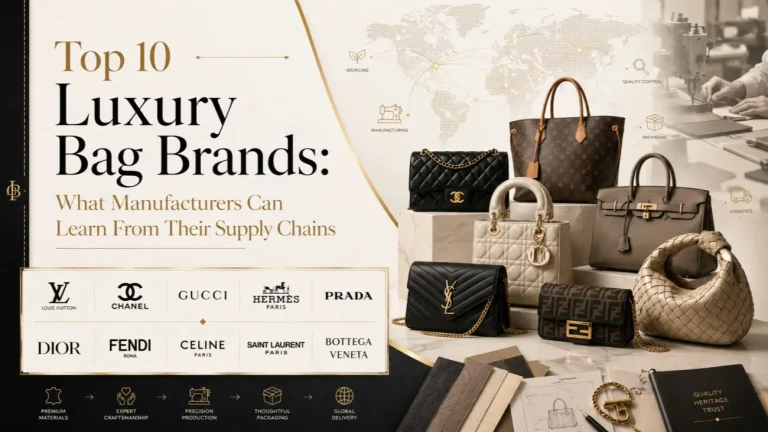 Ten luxury handbags arranged by brand showing different design philosophies and craftsmanship styles
