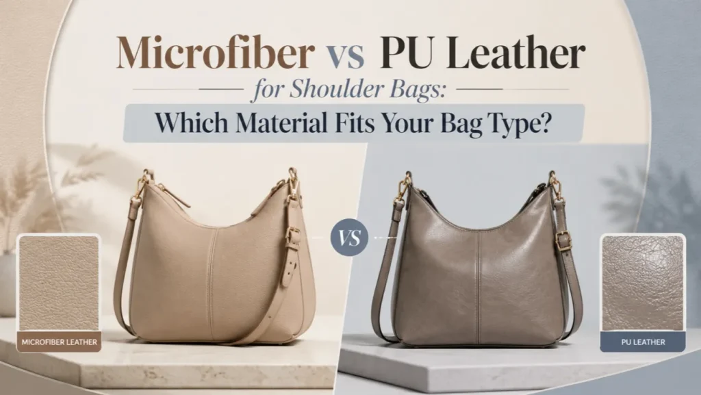 Microfiber leather and PU leather swatches side by side with a custom shoulder bag sample for B2B buyers