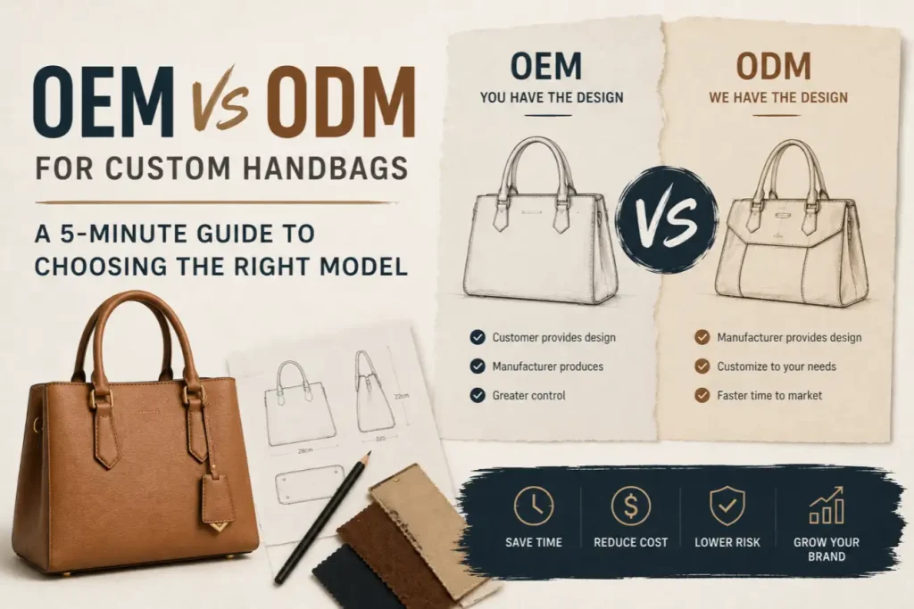 Side-by-side comparison of OEM and ODM custom handbag manufacturing models for brand buyers