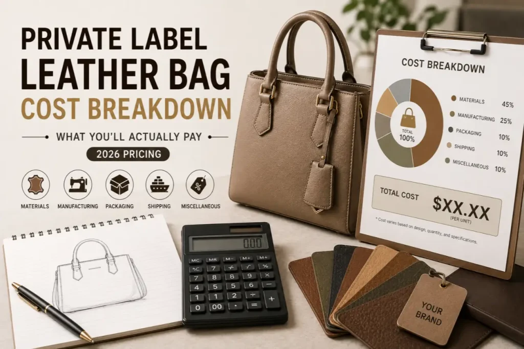 Cost breakdown chart for private label leather bags showing material, labor, hardware, and packaging percentages