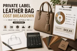 Cost breakdown chart for private label leather bags showing material, labor, hardware, and packaging percentages