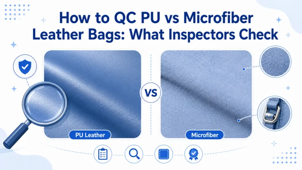 Quality inspector examining PU and microfiber leather bag materials at a factory QC station with testing tools