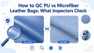 Quality inspector examining PU and microfiber leather bag materials at a factory QC station with testing tools