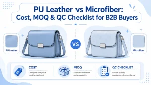 PU leather and microfiber leather material rolls side by side in a factory, showing the visual difference between the two synthetic leathers