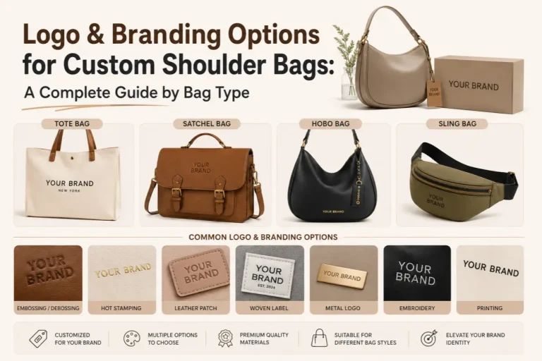 Seven logo and branding method samples on custom shoulder bags — embossing, metal plate, screen print, foil stamp, woven label, silicone patch, and heat transfer