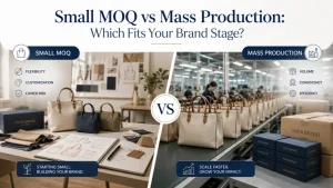 Two production lines side by side — small batch handbag workshop and large-scale factory production — comparing MOQ and scale for B2B buyers
