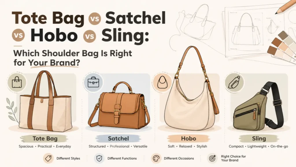 Side-by-side comparison of four shoulder bag types — tote, satchel, hobo, and sling — for B2B brand buyers