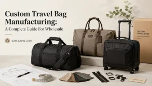 Custom travel bag production line showing material cutting, stitching and final assembly at a bag manufacturing factory