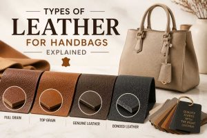 Four types of leather for handbags compared — full grain, top grain, genuine, and bonded leather samples