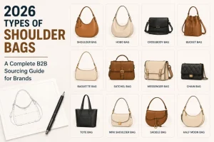 Seven popular types of shoulder bags for custom manufacturing including tote, satchel, hobo, sling, bucket, messenger and flap styles
