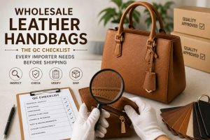 Quality inspector checking wholesale leather handbags at a factory workbench